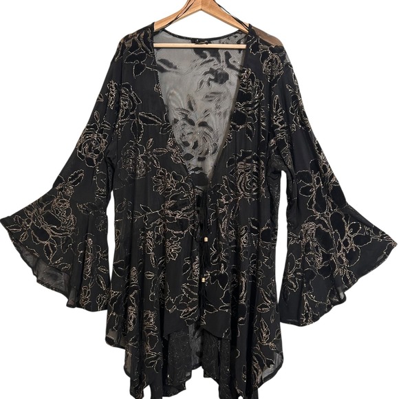 La Vanya Woman Kimono 3X Black Gold Meltallic Sheer Whimisgoth Fairy Top - Picture 2 of 8
